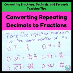 a piece of paper with writing on it that says, converting repeatings to fraction numbers