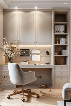 a home office with white cabinets and an upholstered chair in front of the desk