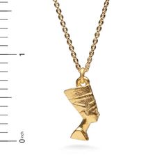 Bring a touch of history and glamour with this beautiful Nefertiti Pendant with an bright gold finish. Its intricate design highlights the elegant features of the ancient Egyptian queen while adding a timeless look to your wardrobe. Materials: pewter with gold finish Chain Length: 18" Made in USA This jewelry was created in commemoration of the 100th anniversary of the discovery of the painted bust of Queen Nefertiti. Queen Nefertiti played an unusually prominent role beside her husband, king Am Gold Ankh Shaped Metal Jewelry, Gold Spiritual Metal Necklace, Gold Ankh Metal Jewelry, Gold Vintage Jewelry For Formal Occasions, Ancient Style Gold Brass Jewelry, Ancient Style Yellow Gold Brass Jewelry, Elegant Ankh-shaped Metal Jewelry, Symbolic Gold Necklaces For Formal Events, Symbolic Gold Necklaces For Formal Occasions