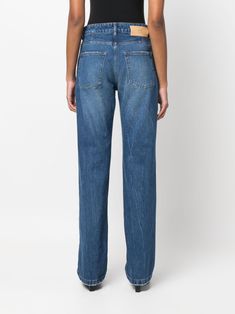 mid-rise straight-leg jeans from AMI Paris featuring indigo blue, cotton, denim, faded effect, whiskering effect at the thighs, logo patch to the rear, contrast stitching, straight leg, mid-rise, concealed fly and button fastening, belt loops and classic five pockets.This piece fits true to size. We recommend you get your regular sizeModel is 1,75m / 5ft 8in wearing size 27 (WAIST CM) Skirt Swimsuit, Straight Fit Denim, Versace Outfit, Paris Woman, Ami Paris, Knitwear Dress, Blazer Vest, Short Leggings, Knitwear Cardigan