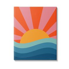 an orange and blue painting with the sun rising over water in the distance, on a white background