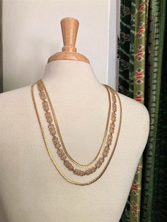 "Vintage Monet Layered Necklace / Gold Monet Necklace / Multi strand Monet Necklace Three strands, 26 to 30\", pure elegance via the 50s by Monet. Note to self: left top inv" Double Strand Chain Necklace In Costume Jewelry Style, Double Strand Chain Necklace Costume Jewelry, Double Strand Chain Necklace In Costume Style, Vintage Gold Double Strand Necklace, Vintage Double Strand Gold Layered Necklace, Vintage Multi-strand Gold Chain Jewelry, Vintage Long Clavicle Chain Necklace, Vintage Gold Jewelry For Layering, Formal Multi-strand Delicate Chain Necklace