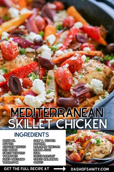 collage image skillet chicken with recipe ingredients list Veggies And Chicken, Easy Skillet Chicken, Chicken For Dinner, Mediterranean Flavors, Easy Skillet, Mediterranean Chicken, Favorite Recipes Dinner, Best Chicken Recipes, Skillet Chicken