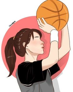 a drawing of a woman holding a basketball in one hand and the other hand on her head