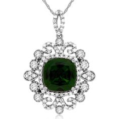 Royal 14K White Gold Pendant with Cushion Cut Russalite - 2.15 Carat and Halo of Diamonds - 0.57 Carat Total Diamond Weight Exquisite Cushion Cut Gia Certified Jewelry, Luxury Green Cushion Cut Jewelry, Gia Certified Timeless Cushion Cut Jewelry, Gia Certified Green Cushion Cut Jewelry, Green Cushion Cut Diamond Jewelry, Green Cushion Cut Jewelry For Formal Occasions, Formal Green Cushion Cut Jewelry, Elegant Green Cushion Cut Jewelry, White Gold Pendant