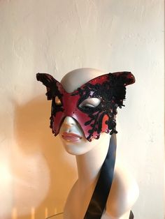 For Lepidopterists, lovers, dreamers, shamans, adventurers and witches. Red and black Butterfly mask Hand molded, hand dyed red leather Moth mask Black Silk lace details on the wings The mask is created from recycled hand molded leather and decorated with black floral lace. The edges are hand punched The back of the mask is lined with velvet, so it feels super soft against your face. The mask is super light and comfortable so you can dance the whole night away. It ties around the head with long Moth Mask, Fairy Mask, Fantasy Mask, Leather Masks, Butterfly Mask, Mask Masquerade, Dark Fairy, Leather Mask, Mask Black