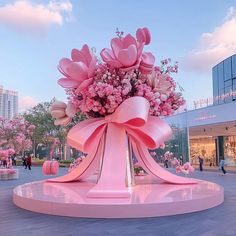 a large pink flower arrangement in the middle of a plaza