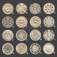 the different types of carved wood carvings in various shapes and sizes, including circular designs