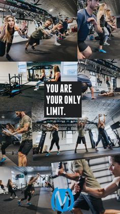 a collage of photos showing people doing various exercises in a gym with the caption you are your only limit