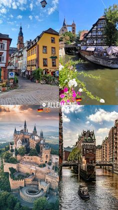 the collage shows many different buildings and water