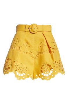 Richly textured linen shorts are supercharged by bold and cheery embroidered-eyelet patterning and a bright-yellow hue. Hidden back-zip closure Side-seam pockets Removable belt Lined 100% linen Dry clean Imported Designer Clothing Yellow Embroidered Cotton Bottoms, Embroidered Yellow Cotton Bottoms, Yellow Embroidered Summer Bottoms, Yellow Embroidered Bottoms For Summer, Summer Linen Shorts, Country Vibes, Summer Wardrobe Essentials, Summer Linen, Girl Fits