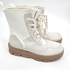 Ugg Boot Sneakers Size 9 Nwob Cream Lace-up Sneakers With Lug Sole, White Lace-up Boots With Textured Sole, Sporty White Leather Boots, White Low-top Boots With Textured Sole, Cream Leather Outdoor Sneakers, Outdoor Cream Leather Sneakers, Sporty Beige Boots With Round Toe, White Lug Sole Sneakers For Outdoor, White Sneakers With Lug Sole For Outdoor