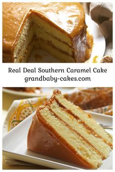 two pictures showing different types of cake on plates with the words real deal southern caramel cake