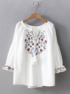 Women's V-Neck Mid-Sleeve Embroidery Floral Boho Shirt Blouse Casual V-neck Blouse With Embroidered Sleeves, White V-neck Top With Intricate Embroidery, Spring V-neck Blouse With Chikankari Embroidery, Cotton V-neck Blouse With Embroidered Hem, Summer V-neck Blouse With Chikankari Embroidery, White V-neck Blouse With Intricate Embroidery, White V-neck Blouse With Chikankari Embroidery, White Folk Style V-neck Blouse, Summer Embroidered V-neck Peasant Top