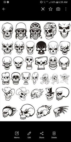 a bunch of skulls with different designs on them