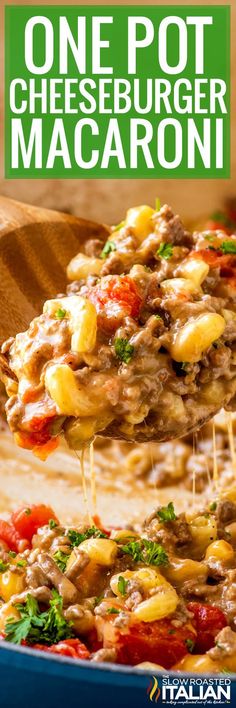 one pot cheeseburger macaroni is being lifted by a wooden spoon