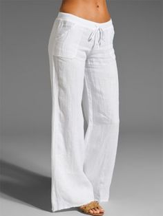 Women Casual Linen Solid Pants | zolucky Linnebyxor Outfit, White Linen Trousers, Long Pants Casual, Yoga Trousers, Wide Leg Yoga Pants, High Waist Wide Leg Pants, Oversize Women, Linen Casual, Summer Linen