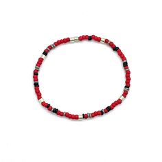 Rugged Red Bracelets for Valentine's Day or Any Day Ombre Band: Flat woven; just under 1/4"w; glass beads; sterling silver clasp & 1" extender chain. Bracelet Strand A: Stretch style; vinyl heishi beads; red glass seed beads. Bracelet Strands B & C: Stretch style; glass seed beads. Perfect solo or stacked. Red Black Ombre, Black Armband, Bracelets Red, Black Beaded Bracelet, Small Bead Bracelet, Red Beaded Bracelet, Red Bracelet, Best Valentine's Day Gifts, Black Beaded Bracelets