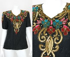 "Vintage sequined blouse with gold, blue, and burgundy beading. Shoulder padded and pulls over the head.  Label: Denise Elle Materials: 100% Silk Size: Small Bust: 36\" Waist: 36\" Shoulder: 16\" Sleeve: 10.5\" Length: 25\"" Elegant Embroidered Multicolor Tops, Elegant Embellished Multicolor Blouse, Elegant Multicolor Festive Tops, Elegant Festive Multicolor Tops, Sequined Blouse, Blue And Burgundy, Neon Dresses, Sequin Blouse, Sequin Crop Top