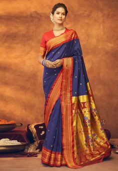 Silk paithani Saree in Navy blue colour 42006  Desc:  Style : Paithani Saree Color : Navy Blue Fabric : Silk Wash Care : Dry clean Sleeve Style : Half Sleeve Long Sleeves : Done only in Custom Stitch Sleeves Lining : Done only in Custom Stitch Bust Size : 32 to 42 Inches Occasion : Temple Wear   Social Gathering   Pongal   Gudi Padwa   Onam   Ugadi. With Express Free Shipping and Custom Stitching, Buy Indian Party wedding wear Bridal Sarees Silk paithani Saree in Navy blue colour 42006 online in Paithani Saree Look, Blue Paithani Saree, Paithani Silk Saree, Paithani Saree, Purple Saree, Wedding Silk Saree, Wedding Saree Indian, Green Saree, Saree Shopping