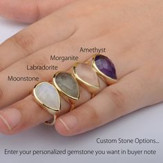 Pear Shape Ring | Natural Moonstone-Labradorite-Amethyst-Morganite Ring | Solid 14K Yellow Gold | Valentine's Wedding Ring | Minimalist Ring | Jewelry Gift For Her        >> About this product:- * SKU Code: SR01623  * Handmade/ Handcrafted Fine Jewelry * Metal: 14K Solid Yellow Gold (with Stamped) * Metal Purity: 14K * Custom Metal Purity: 14K/ 18K  * Amethyst Gemstone Weight: 5 Ct. (100% Real Natural mines gemstone) >> Sizing & Measurements:- * Ring Size:- 3 to 10  >> We will make a great gift for the upcoming festive season - or for birthdays, Valentine's Day, anniversaries, engagements, parties, or just any special occasion, and the item comes along with a complimentary jewelry box. ✦ Shipping:- Please allow us up to 1-2 weeks for the manufacturing process, but some of the custom-made i Minimalist Moonstone Ring With Natural Stones For Wedding, Minimalist Moonstone Ring For Wedding, Minimalist Amethyst Birthstone Ring For Wedding, Minimalist Gold Amethyst Ring, Anniversary Teardrop Natural Stone Ring, Morganite Jewelry With Gemstone Accents For Gift, 14k Gold Rings With Natural Stones For Gift, Morganite Teardrop Jewelry Gift, Teardrop Morganite Jewelry Gift