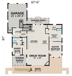 the floor plan for a house with two garages and an attached porch, as well as