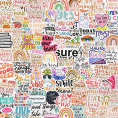 the words are written in different colors and styles on this wallpaper, as well as rainbows