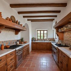 a kitchen with tile flooring and wooden cabinetry, along with open shelving