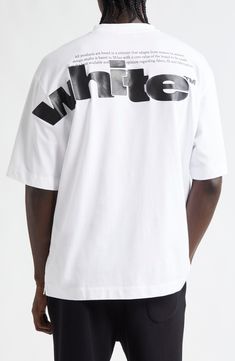 A contrast logo in an upsized typeface wraps around this casual cotton T-shirt designed in a comfortably oversized silhouette. Crewneck Elbow-length sleeves Dropped shoulders 100% cotton Machine wash, line dry Made in Portugal Designer Clothing Black Owned/Founded White Boxy Fit T-shirt With Letter Print, White Boxy Fit T-shirt With Text Print, Modern Logo T-shirt For Streetwear, Oversized Logo Detail Tops For Streetwear, White Boxy Fit Urban T-shirt, Oversized White T-shirt With Letter Print, White Oversized Tops With Letter Print, Modern Logo Tops For Summer, Modern Summer Tops With Logo