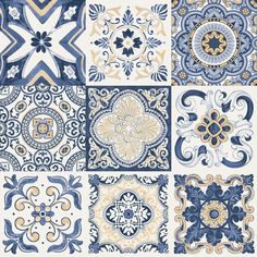 blue and white tiles with different designs