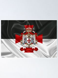 the flag of england flying in the wind with silky folds and an emblem on top poster