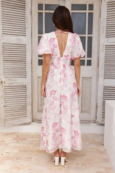 Length from shoulder to hem of size S: 133cm.    Chest 38cm, Waist 32cm, across front only of size S.    Maxi dress.    Pink/purple print.    Lined.    Model is a standard XS and is wearing size XS.    True to size.    Non-stretch.    Elastic puff sleeves.    Tie-up back.    Elastic back    V-neck.   Print placement may vary.  Zipper.   Cold hand wash only.    Polyester/Spandex.    Elevate your look with the One To Love Maxi Dress. Featuring dreamy elastic puff sleeves and a tie-up back design. Style with heels for a fancy day 'fit. First Day Outfit, Maxi Dress White, Rose Violette, Bridal Shower Dress, Long Bodycon Dress, Shower Dresses, Jumpsuits And Romper, Long Sleeve Lace Dress, Print Placement