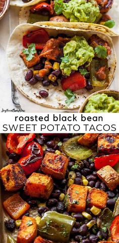 two pictures of roasted black bean and sweet potato tacos