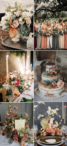 a collage of photos showing different types of wedding cakes and flowers on tables with candles