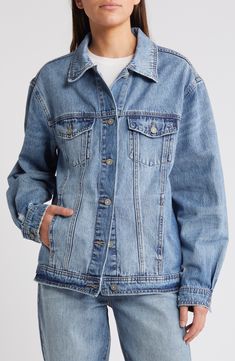 Tap into the oversized trend with this roomy denim jacket featuring eye-catching distressing for rugged character. Front button closure Spread collar Chest button-flap patch pockets Unlined 100% cotton Machine wash, tumble dry Imported Oversized Denim Blue Jacket With Frayed Hem, Oversized Distressed Denim Jacket In Medium Wash, Oversized Medium Wash Denim Jacket With Button Closure, Oversized Denim Jacket With Button Closure, Oversized Distressed Denim Jacket, Oversize Denim Jacket, Oversized Denim Jacket, Tap, Denim Jacket