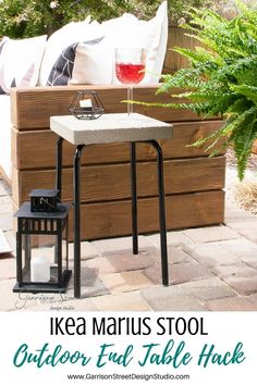 an outdoor table and bench with text overlay reading ikea marrus stool outdoor end table hack