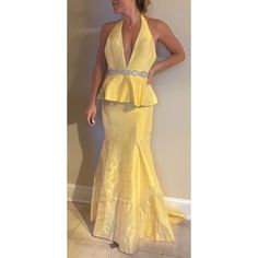 Style 22073 New, Never Worn B37 Yellow Sleeveless Gown For Prom Season, Yellow Dresses With Fitted Bodice For Gala, Yellow Dress With Fitted Bodice For Gala, Yellow Gown For Spring Wedding, Yellow Spring Prom Gown, Spring Yellow Wedding Gown, Yellow Spring Wedding Gown, Yellow V-neck Party Gown, Yellow Evening Dress For Prom Season