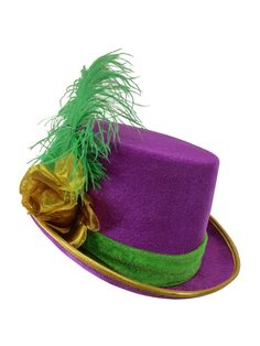 PRICES MAY VARY. STYLISH: Deluxe Mardi Gras purple velveteen top hat with gold fabric rose. Mardi Gras accessories for men and women. Includes Green Band, Green Synthetic Feather and Gold Rose. Great for Mardi Gras Holiday, Parades, Festivals, Parties, Halloween, Cosplay, Theater and more Quality Material and Comfort: our Mardi Gras top hats are made from quality purple velvet material, can be hand washed and dried easily, ensuring softness, lightness, you can enjoy a comfortable using experienc Feather Costume, Mardi Gras Hats, Green Feather, Rose Hat, Tuxedo Women, Mardi Gras Costumes, Mardi Gras Carnival, Fancy Costumes, Mardi Gras Party