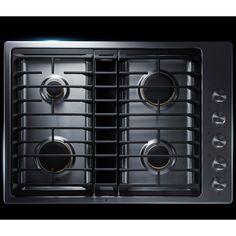 an oven with four burners and two knobs on the front, in stainless steel