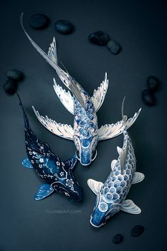 three blue and white koi fish sitting on top of each other next to black rocks