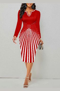 ROTITA Split Geometric Print Red Long Sleeve Bodycon Dress Red Long Sleeve Bodycon Dress, Different Strokes, Classy Skirts, Fitted Bodycon Dress, Latest Dress For Women, Womens Cowgirl Boots, Midi Skirt Pattern, Church Outfit, Basic Skirt