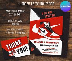 a birthday party card with a pair of sneakers on it and thank you note inside