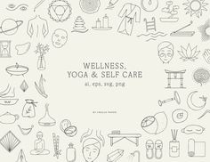 the words, yoga and self care are surrounded by hand drawn images