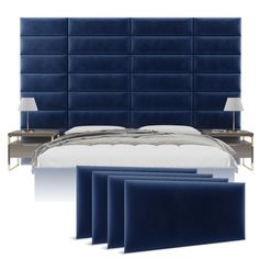 an image of a bed with blue headboard and pillows