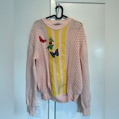 Good Condition Size 46 100% Cotton Spring Crew Neck Sweater With Embroidered Logo, Pink Winter Sweater With Embroidered Logo, Casual Pink Sweater With Embroidered Logo, Trendy Pink Embroidered Sweater, Spring Cotton Sweater With Embroidered Logo, Spring Sweater With Multicolor Embroidery And Long Sleeve, Casual Multicolor Embroidered Sweater For Spring, Multicolor Embroidered Long Sleeve Spring Sweater, Embroidered Sweater