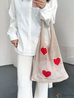 BirdinBag - Stylish Womens Knitted Bag: Heart Pattern Beach Tote with Ample Storage, Ideal for Students and Outdoor Activities Heart-shaped Summer Bag For Everyday Use, Heart-shaped Summer Bags For Everyday Use, Casual Shopping Bag For Valentine's Day, Casual White Heart-shaped Bag, Vacation Bag, Knitted Bag, Heart Pattern, Animal Fashion, Beach Tote