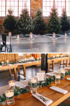 two pictures of tables with candles and greenery on them in front of large windows