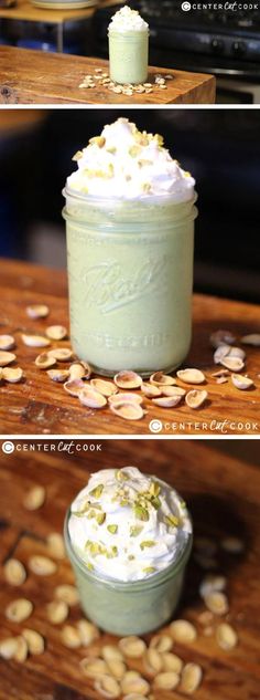 three different views of some food on top of a wooden table and in the bottom there is a jar with whipped cream