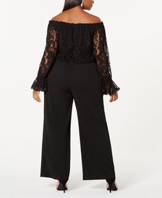 Plus Size Off-The-Shoulder Lace Jumpsuit Black Jumpsuit Wedding Guest Lulus, Black Lace Jumpsuit, Wedding Guest Outfit Fall, One Shoulder Jumpsuit, Exterior Makeover, Lace Jumpsuit, Girl Things, Jumpsuit Black, Plus Size Jumpsuit