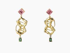 Hand-crafted, one-of-a-kind 18 Kt Gold, 4.8 ct Pink & GreenTourmaline, Drop Earrings from the Juno Collection at Ariane Zurcher Jewelry.  The Juno Collection was inspired by Jackson Pollock, the swirls of gold are elegantly accented by the prong set Tourmalines.  Each piece is utterly unique. Length: 2 in Total Tourmaline Wt: 4.8 ct Pierced Only Luxury Tourmaline Yellow Gold Earrings, Luxury Yellow Gold Tourmaline Earrings, Luxury Tourmaline Earrings As Gift, Luxury Tourmaline Earrings For Gift, Luxury Gold Tourmaline Earrings, Formal Yellow Gold Tourmaline Earrings, Yellow Gold Tourmaline Fine Jewelry Earrings, Fine Jewelry Yellow Gold Tourmaline Earrings, Yellow Gold Tourmaline Drop Earrings